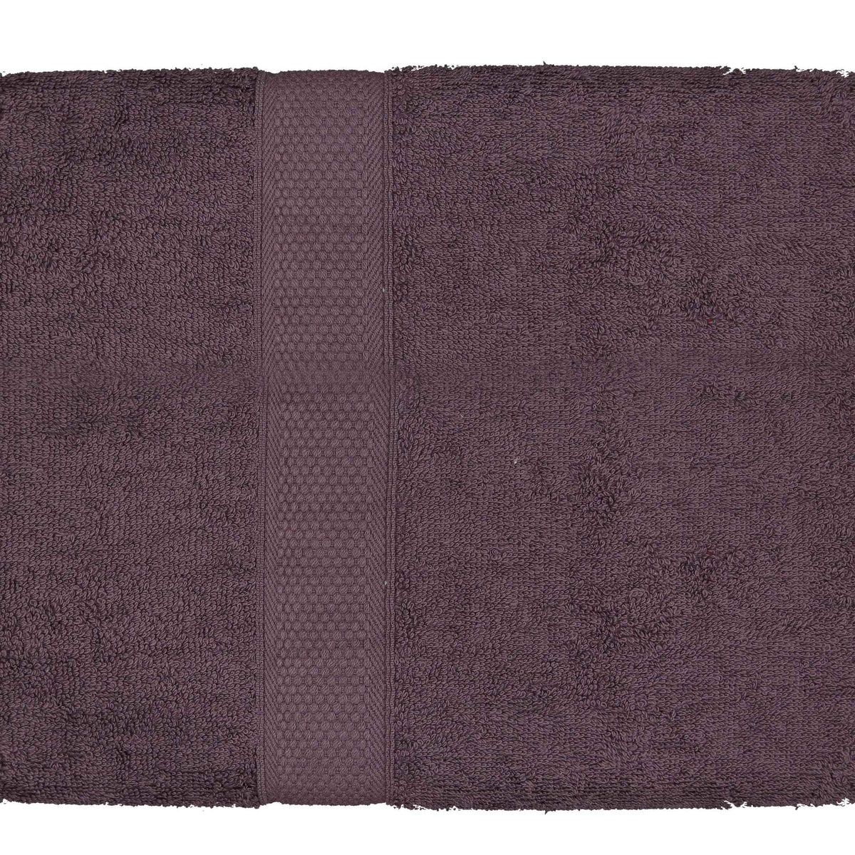 Deep plum-purple cotton bath towel, close-up flat view showing the honeycomb woven border