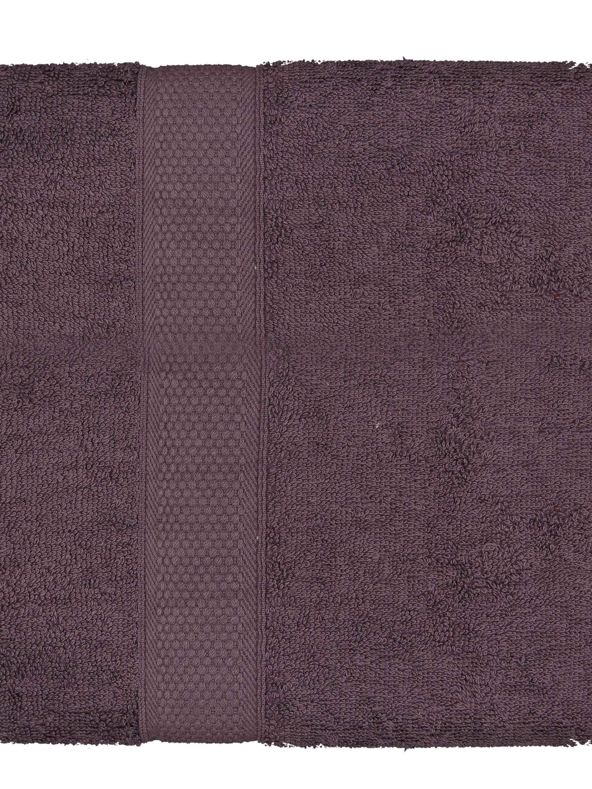 Deep plum-purple cotton bath towel, close-up flat view showing the honeycomb woven border