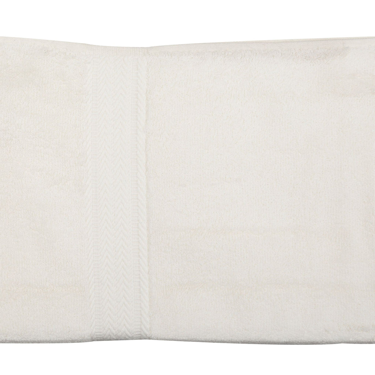 Ivory cotton bath towel with a herringbone textured border, folded, 30x60 inch