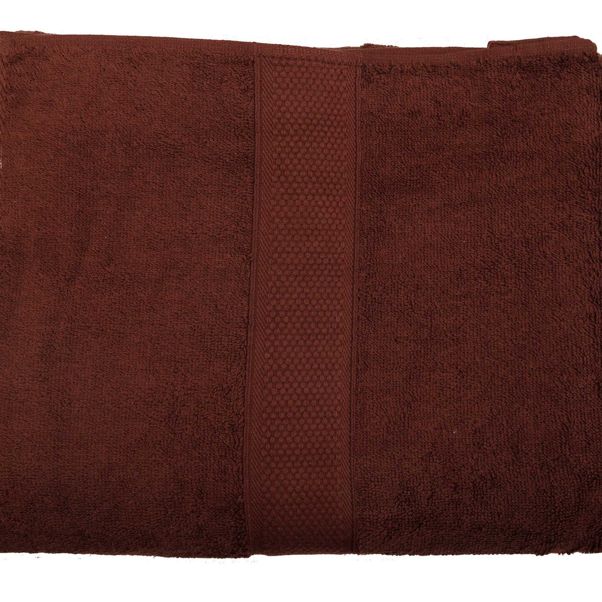 Rich chocolate-brown cotton bath towel, close-up flat view showing the honeycomb woven border