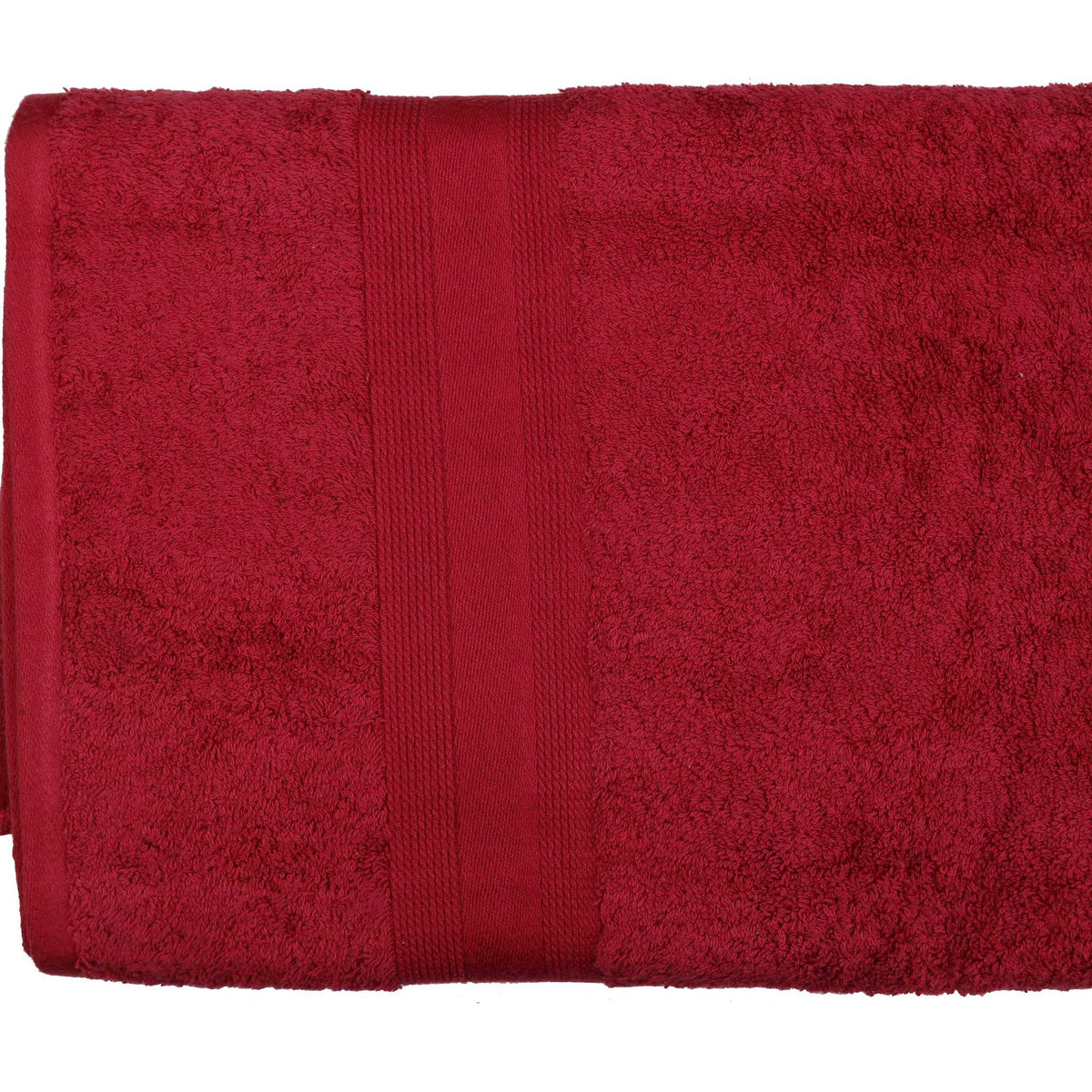Deep maroon-red cotton bath towel, close-up rolled view showing the woven dobby border