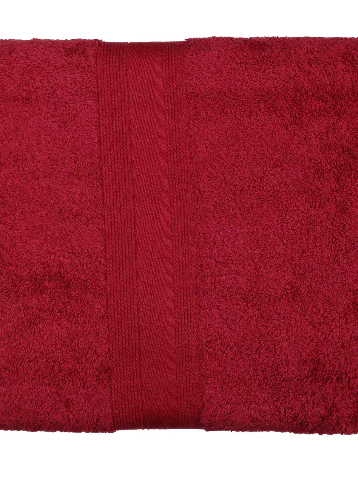 Deep maroon-red cotton bath towel, close-up rolled view showing the woven dobby border