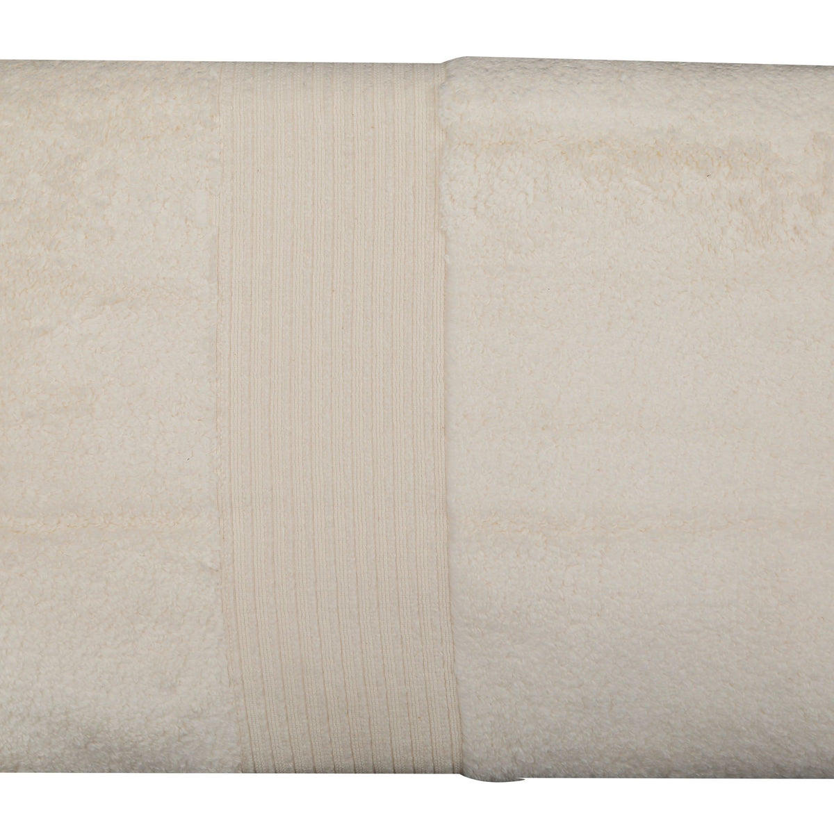 Cream cotton bath towel with a fine ribbed pleated border, folded, 30x60 inch