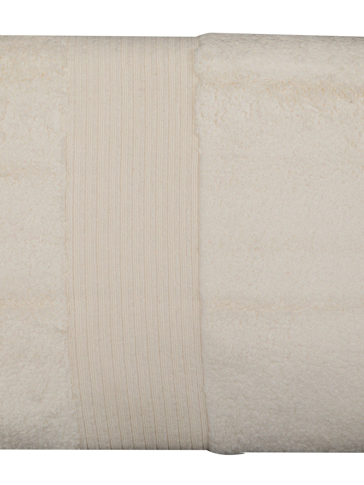 Cream cotton bath towel with a fine ribbed pleated border, folded, 30x60 inch