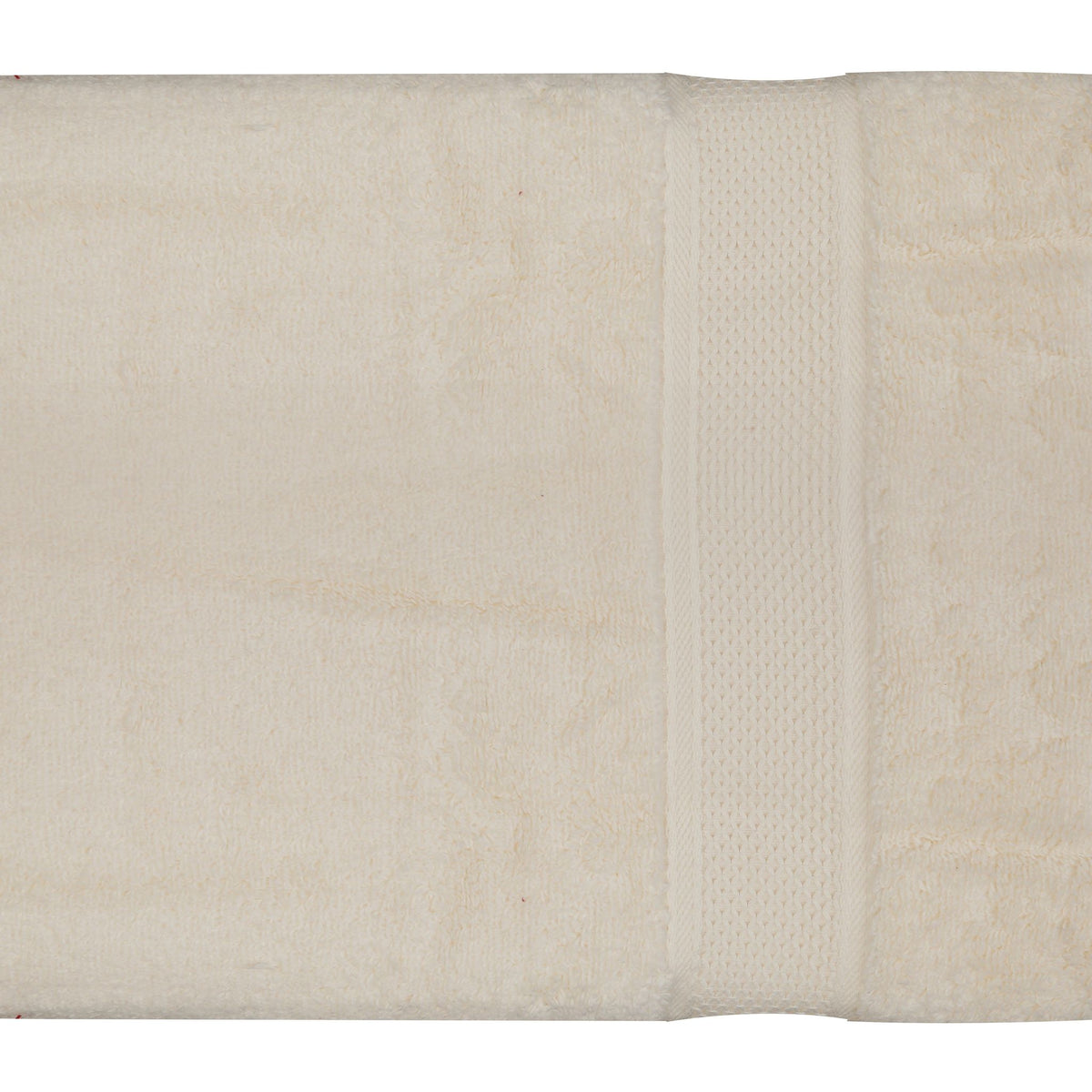 Cream cotton bath towel with a textured dobby band border, folded, 30x60 inch