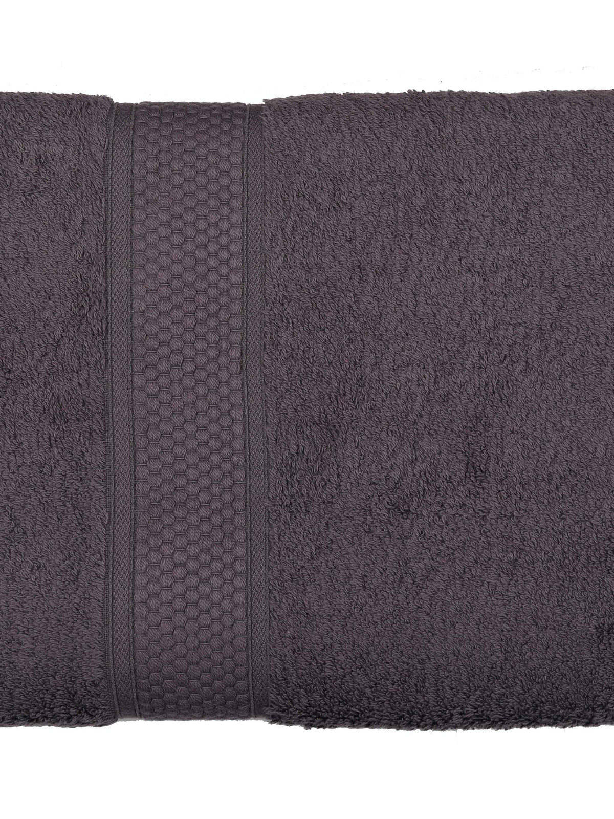 Charcoal-grey cotton bath towel, close-up rolled view showing the honeycomb woven border