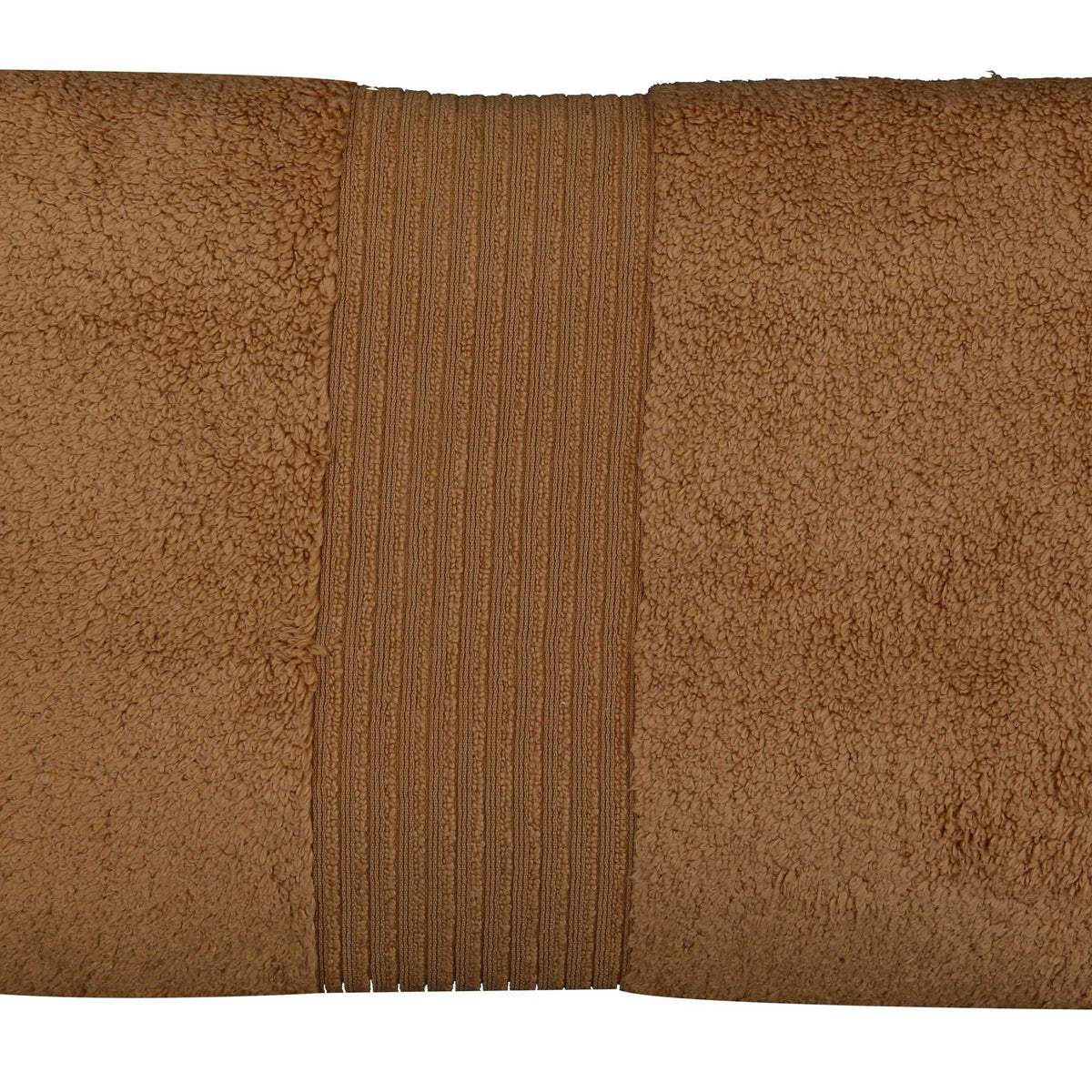 Warm tan-brown cotton bath towel, close-up rolled view showing the ribbed woven border