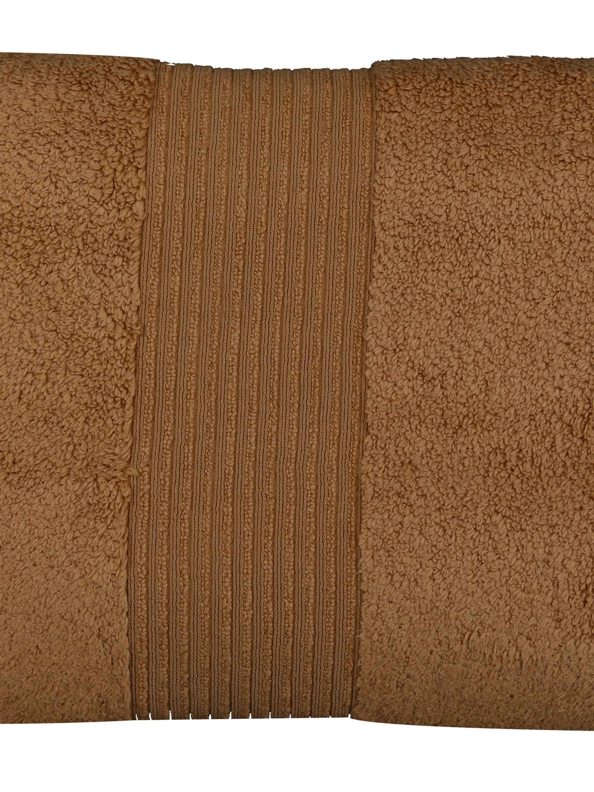 Warm tan-brown cotton bath towel, close-up rolled view showing the ribbed woven border