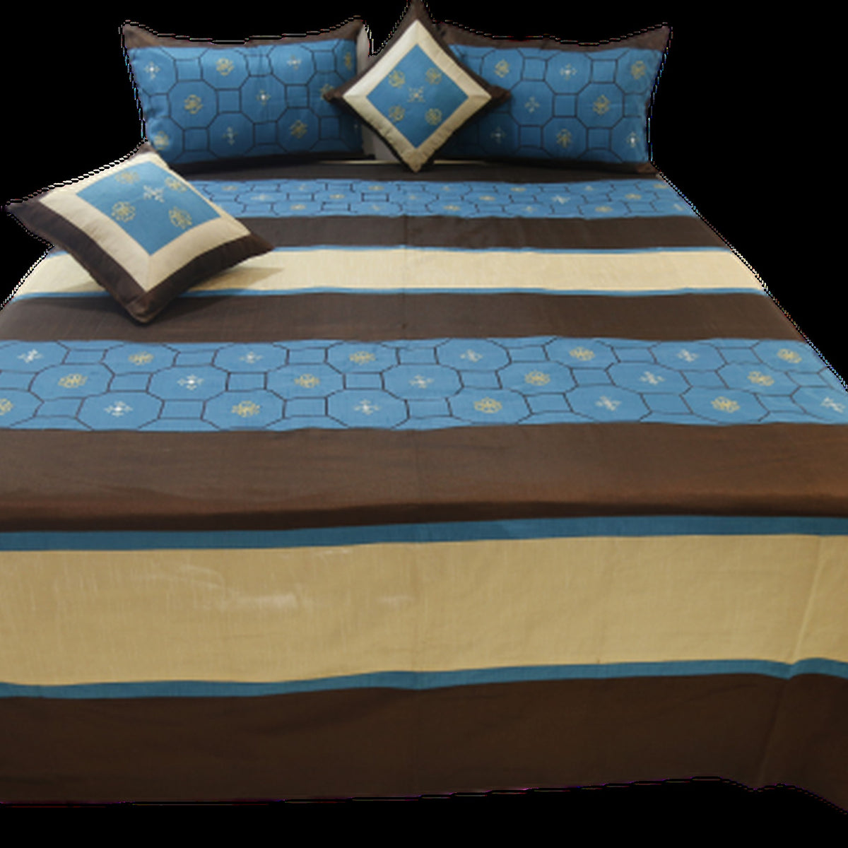 Blue and brown striped dupion silk bedcover set made up on a double bed, cut out on white