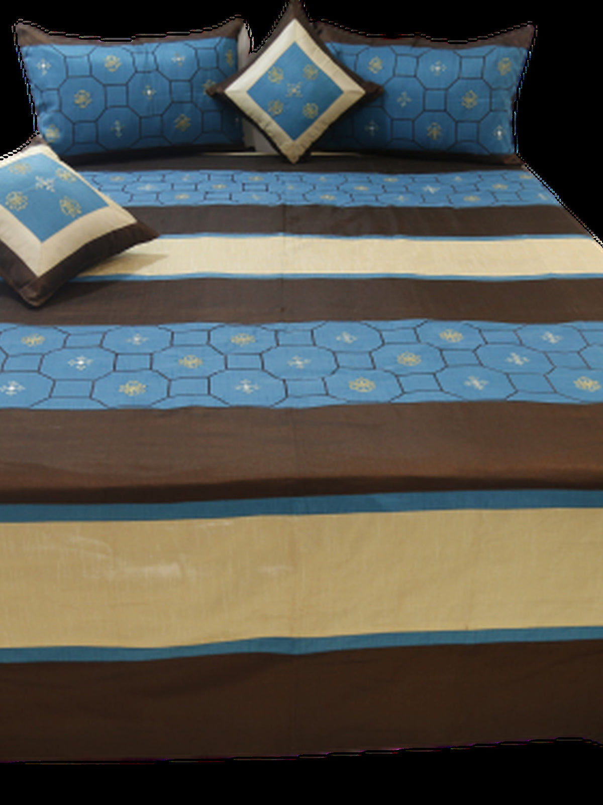 Blue and brown striped dupion silk bedcover set made up on a double bed, cut out on white