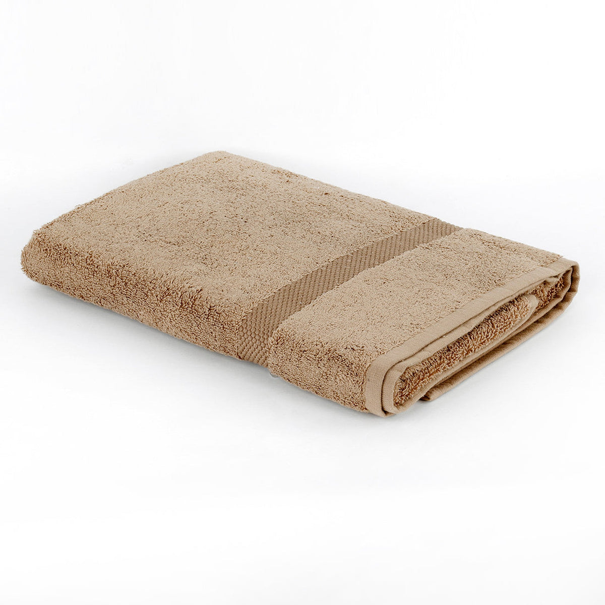 Sand-beige cotton bath towel folded on a white background with a ribbed woven border
