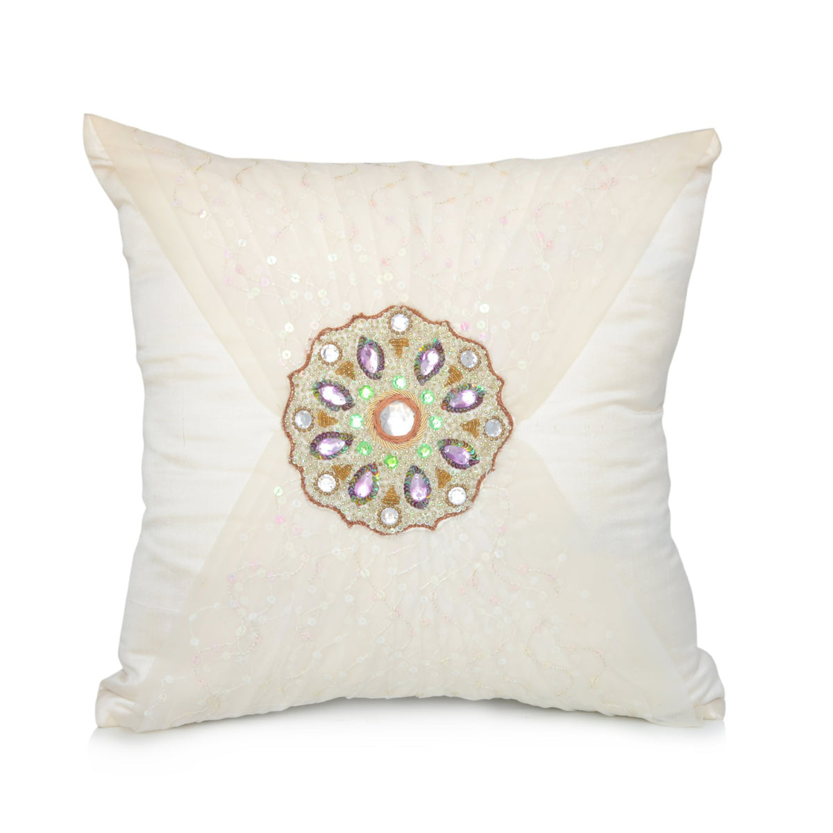 Cream polysilk cushion cover with a single beaded circular medallion at the centre