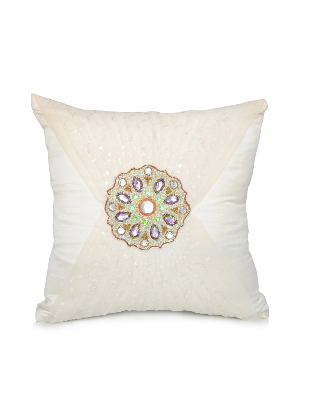 Cream silk cushion cover with a single beaded circular medallion at the centre