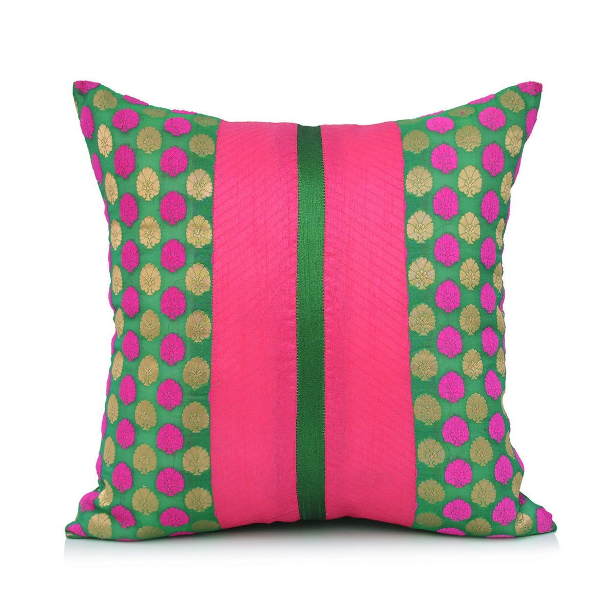 Banarasi dupion silk cushion cover in magenta and green bands with woven dot motifs