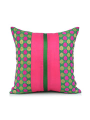 Banarasi dupion silk cushion cover in magenta and green bands with woven dot motifs