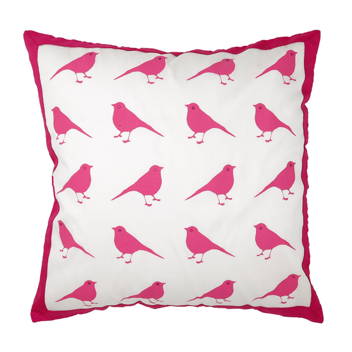 White cotton cushion cover printed with rows of pink birds inside a magenta border