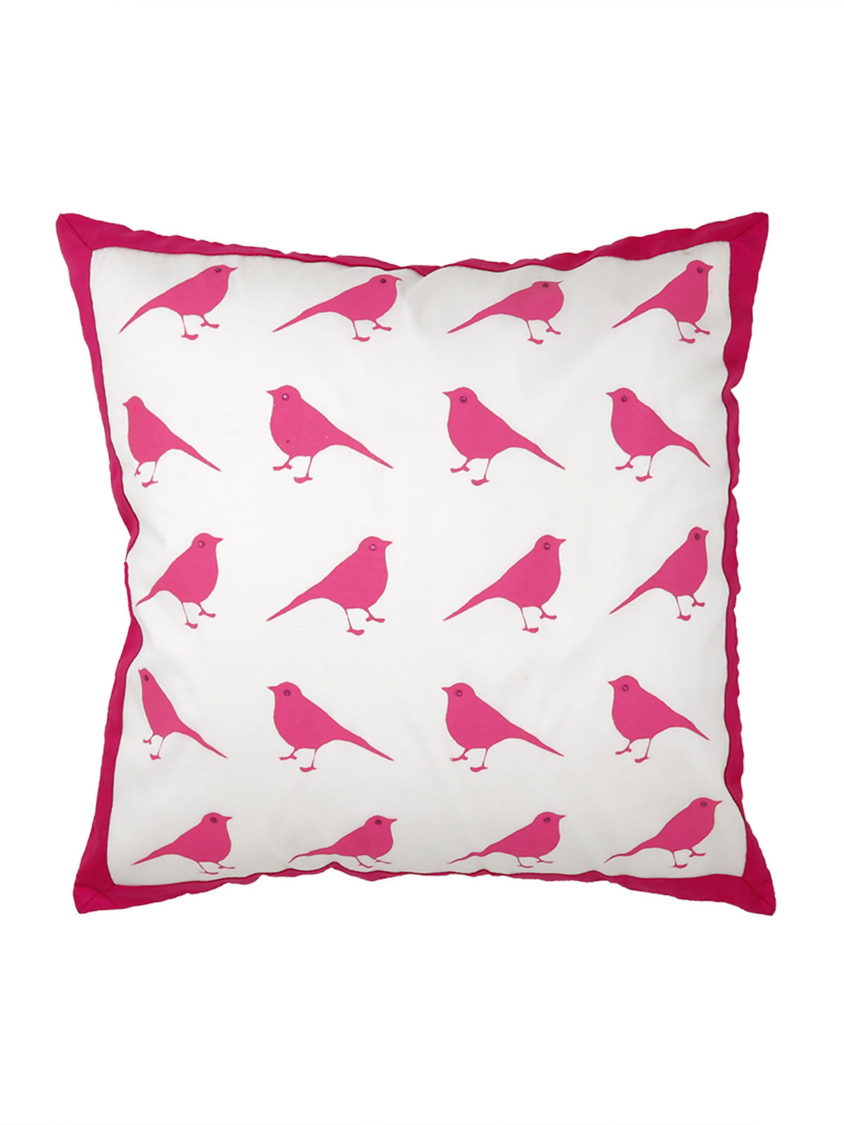 White cotton cushion cover printed with rows of pink birds inside a magenta border