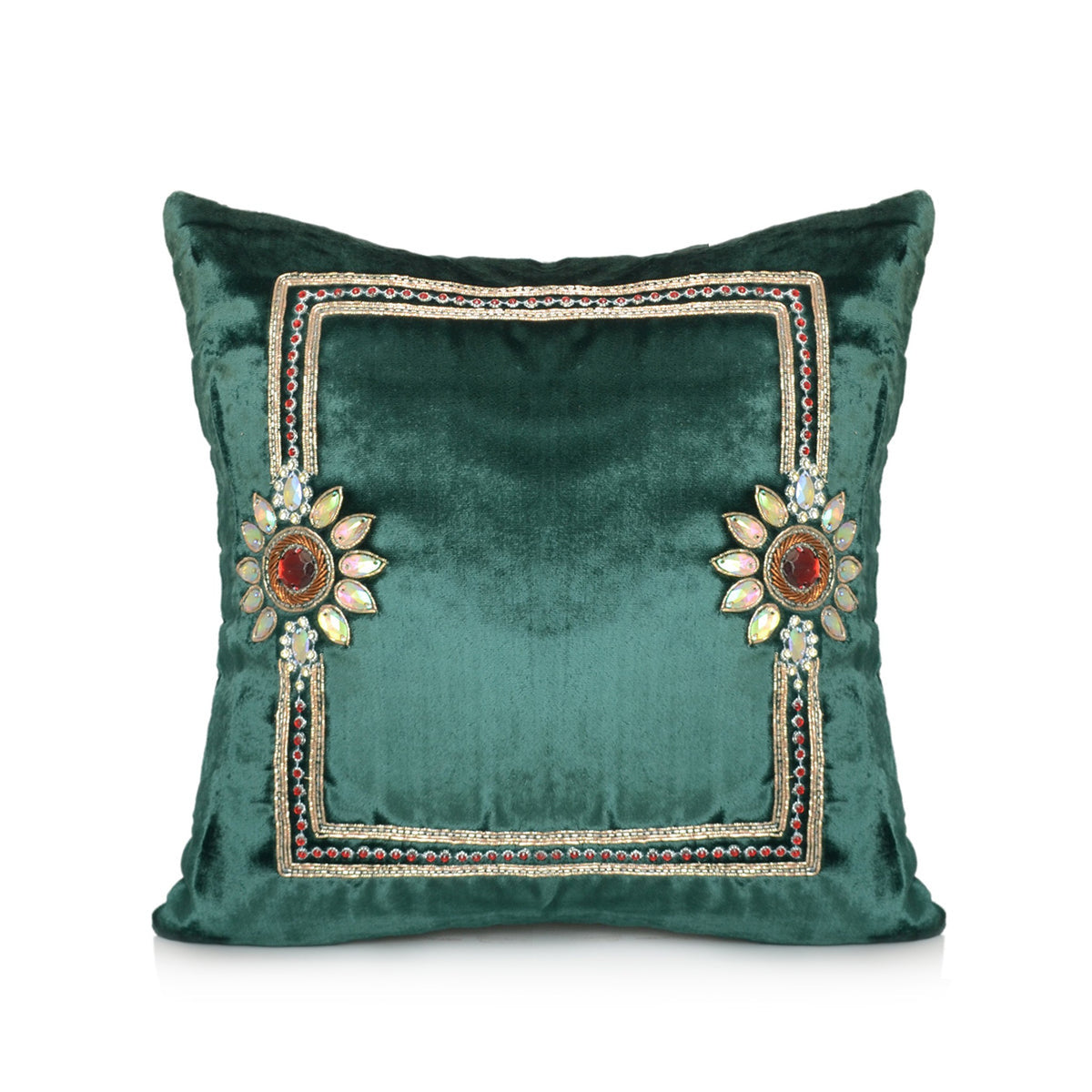 Teal green velvet cushion cover with a gold beaded border frame and two jewelled flowers