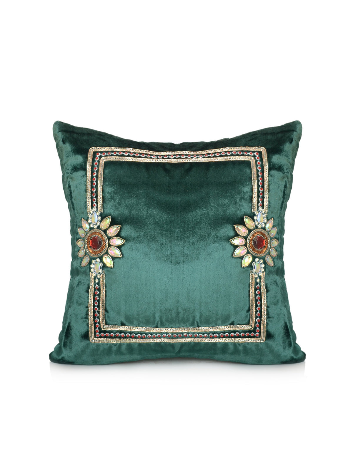 Teal green velvet cushion cover with a gold beaded border frame and two jewelled flowers