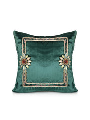 Teal green velvet cushion cover with a gold beaded border frame and two jewelled flowers