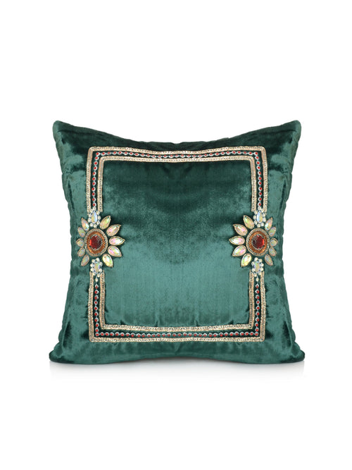 Teal green velvet cushion cover with a gold beaded border frame and two jewelled flowers