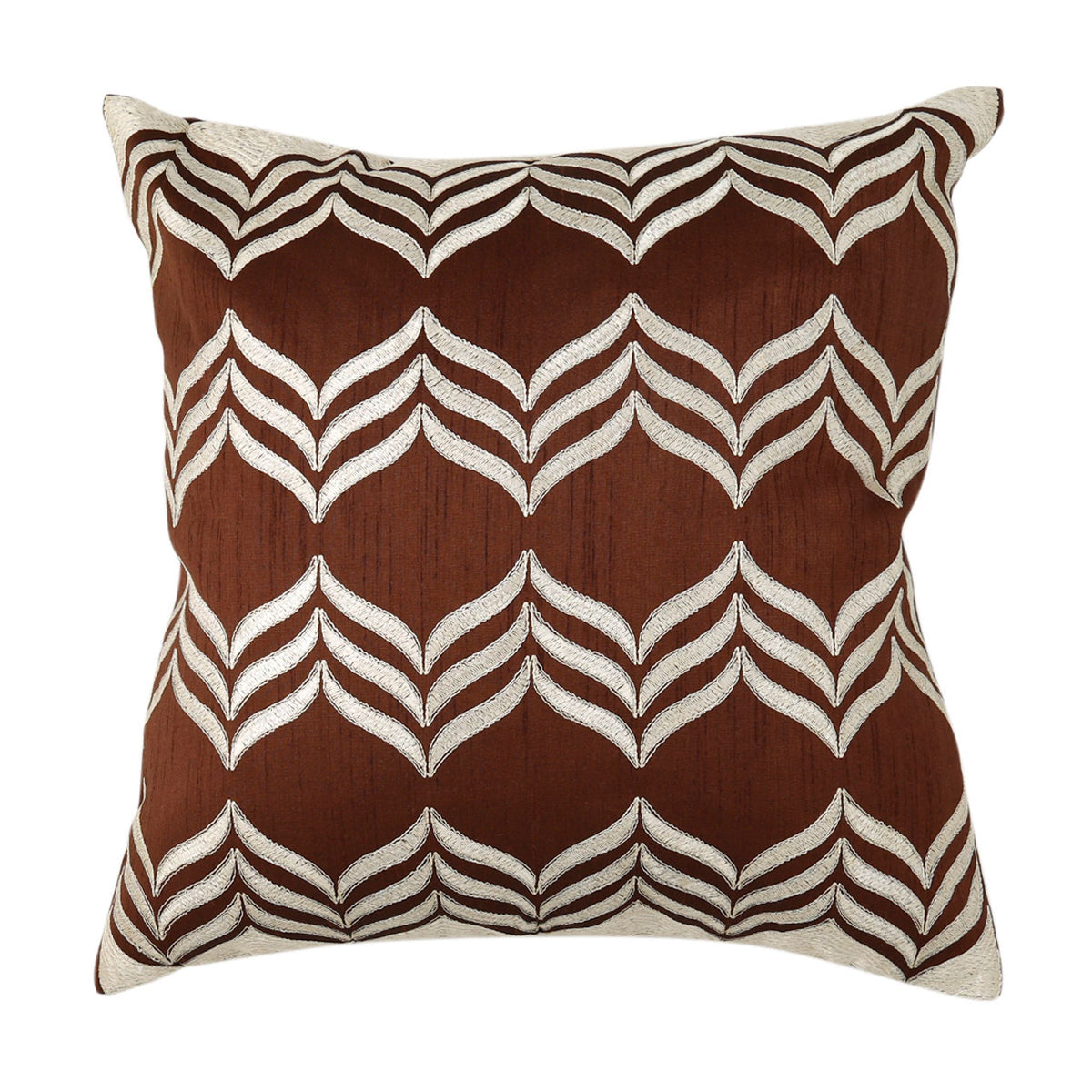 Brown dupion silk cushion cover with a cream embroidered chevron leaf trellis