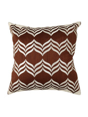 Brown dupion silk cushion cover with a cream embroidered chevron leaf trellis
