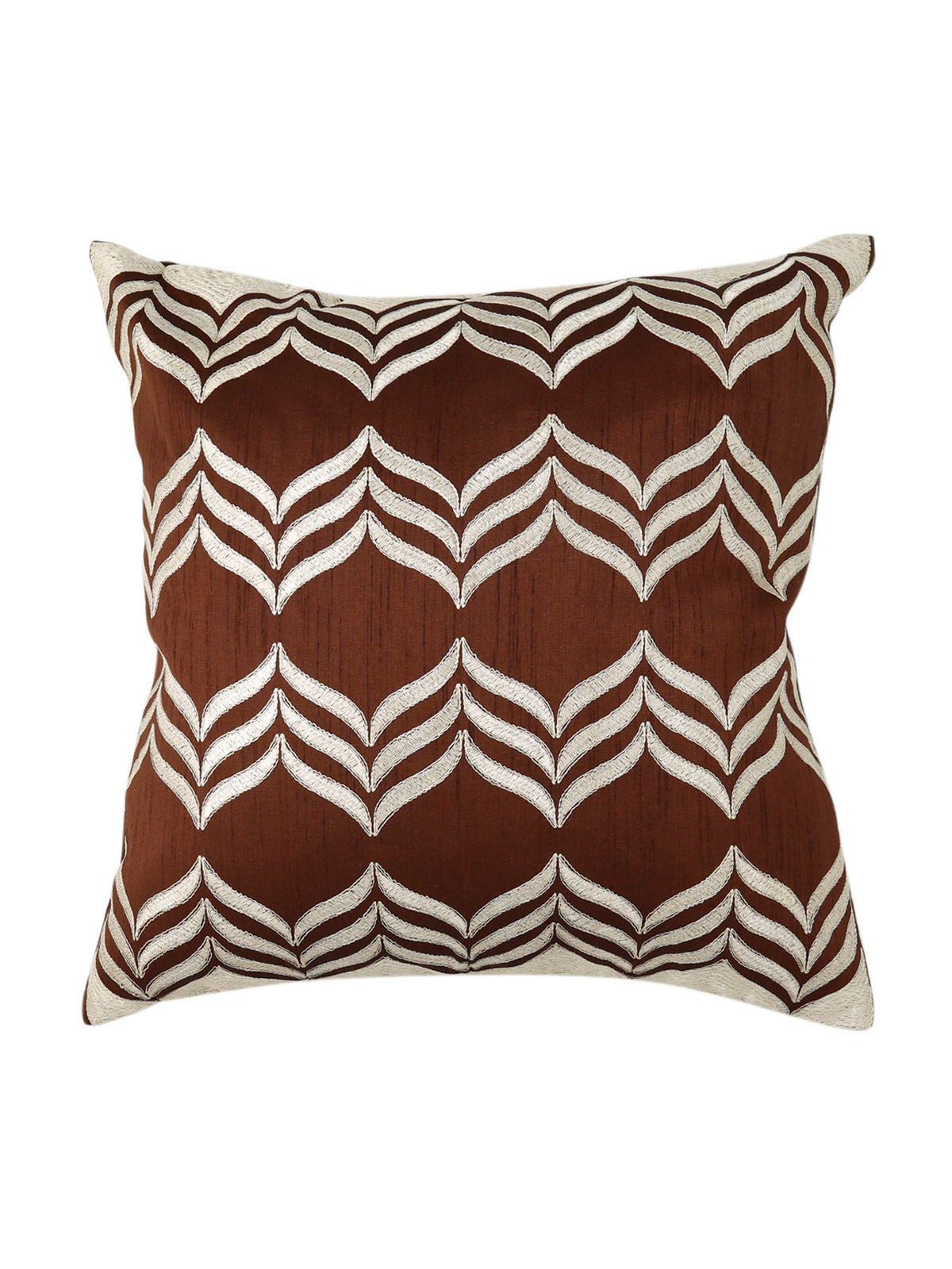 Brown dupion silk cushion cover with a cream embroidered chevron leaf trellis
