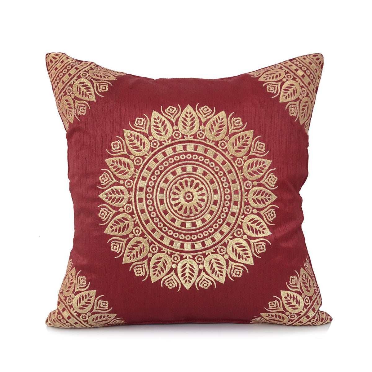 Maroon dupion silk cushion cover with a large gold mandala and gold corner motifs