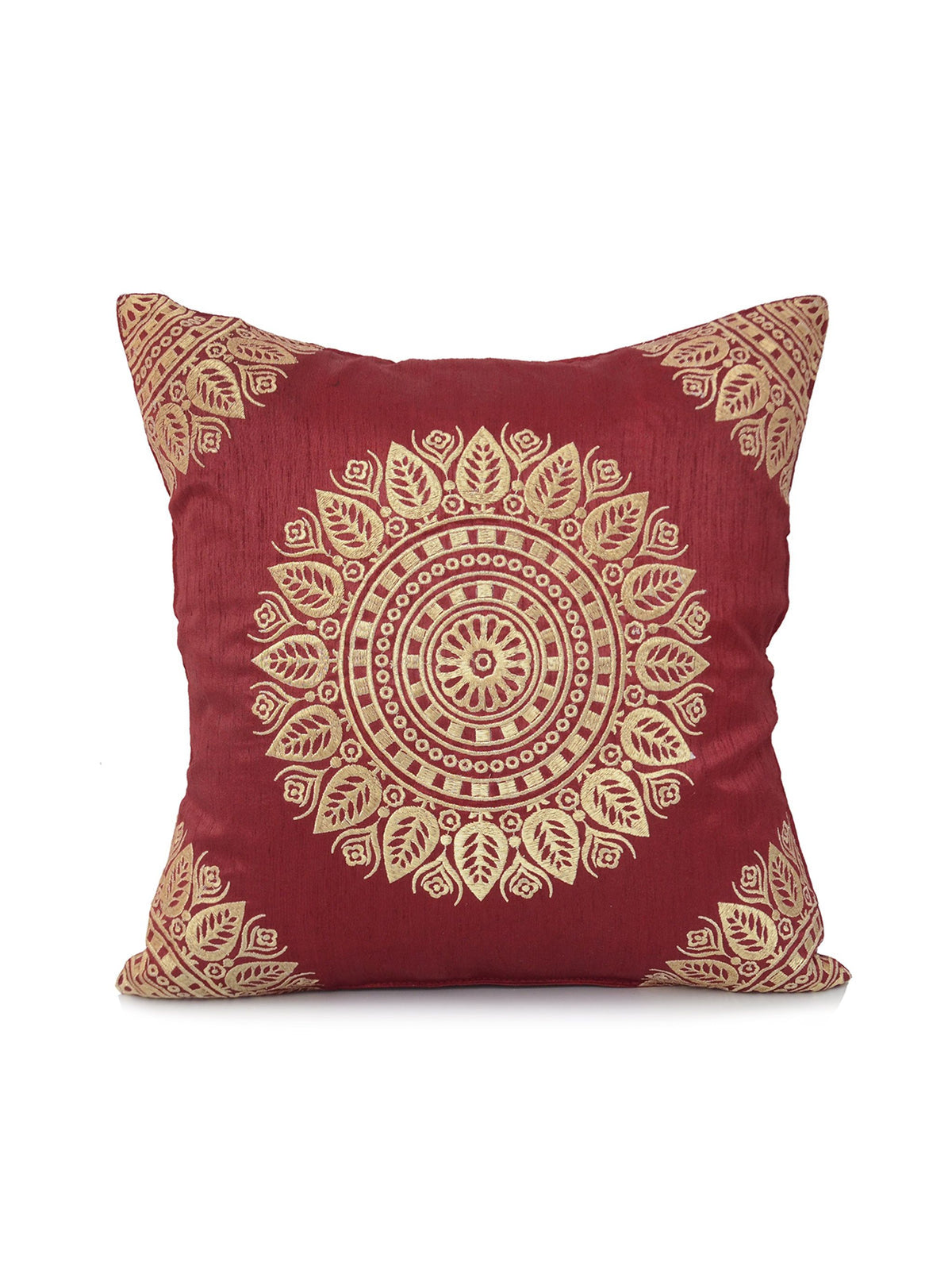 Maroon dupion silk cushion cover with a large gold mandala and gold corner motifs