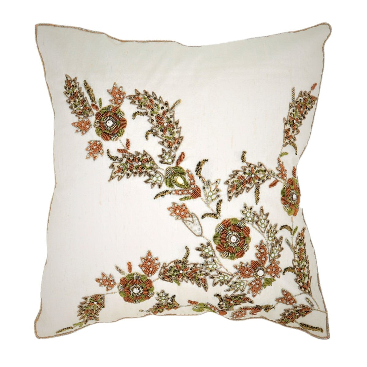 Ivory polysilk cushion cover with a copper zardozi embroidered floral spray across one corner