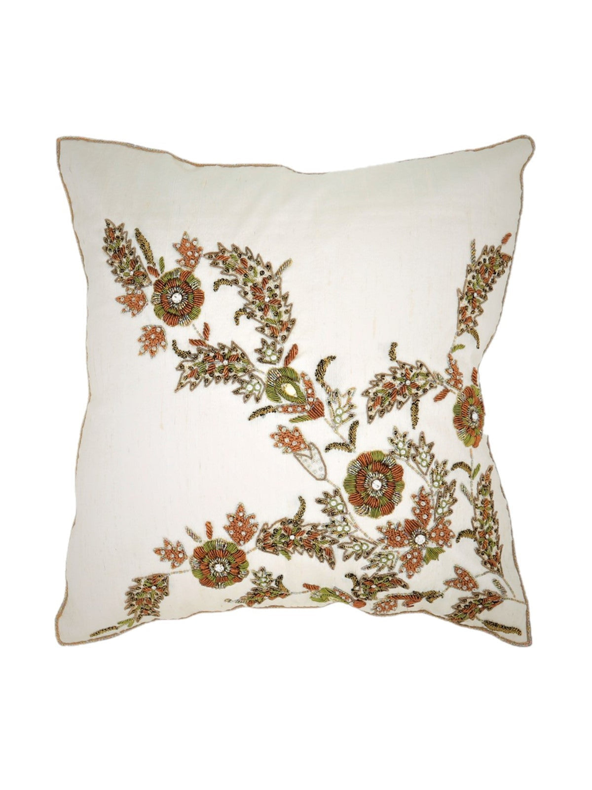 Ivory silk cushion cover with a copper zardozi embroidered floral spray across one corner