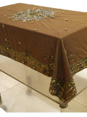 Brown velvet table cover with a silver sequinned star medallion at the centre and a gold-green sequinned scalloped border