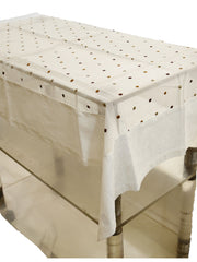 White sheer table cover with scattered multicolour bead dots over a jacquard paisley weave, with a scalloped hem