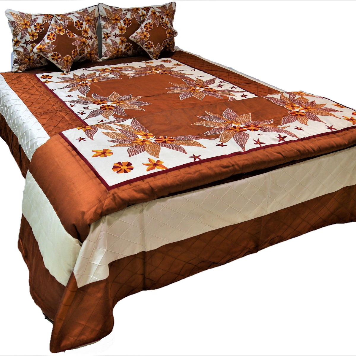 Rust brown and cream wedding bedcover set with white floral embroidery on a double bed