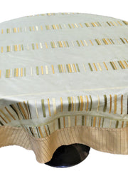 Round pale gold table cover with embroidered multicolour vertical dash stripes and a tan striped border