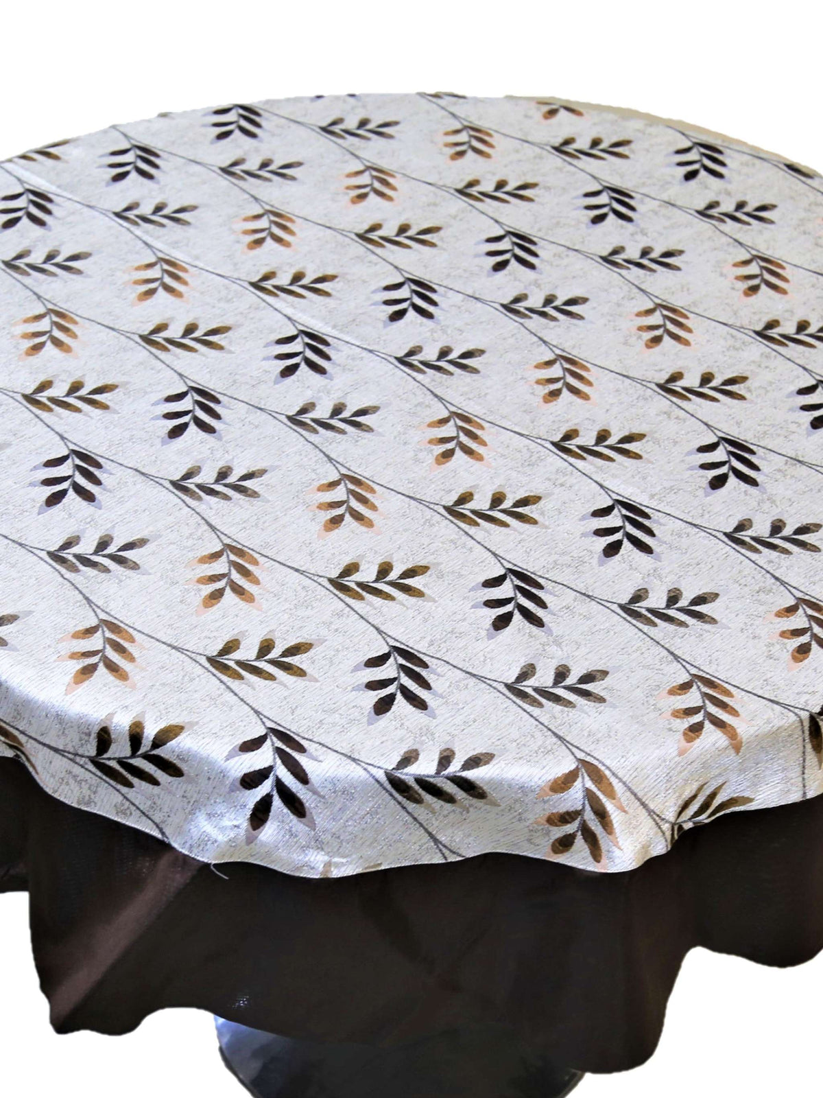 Round white table cover with a beige-brown leaf-vine print and a solid dark brown underskirt