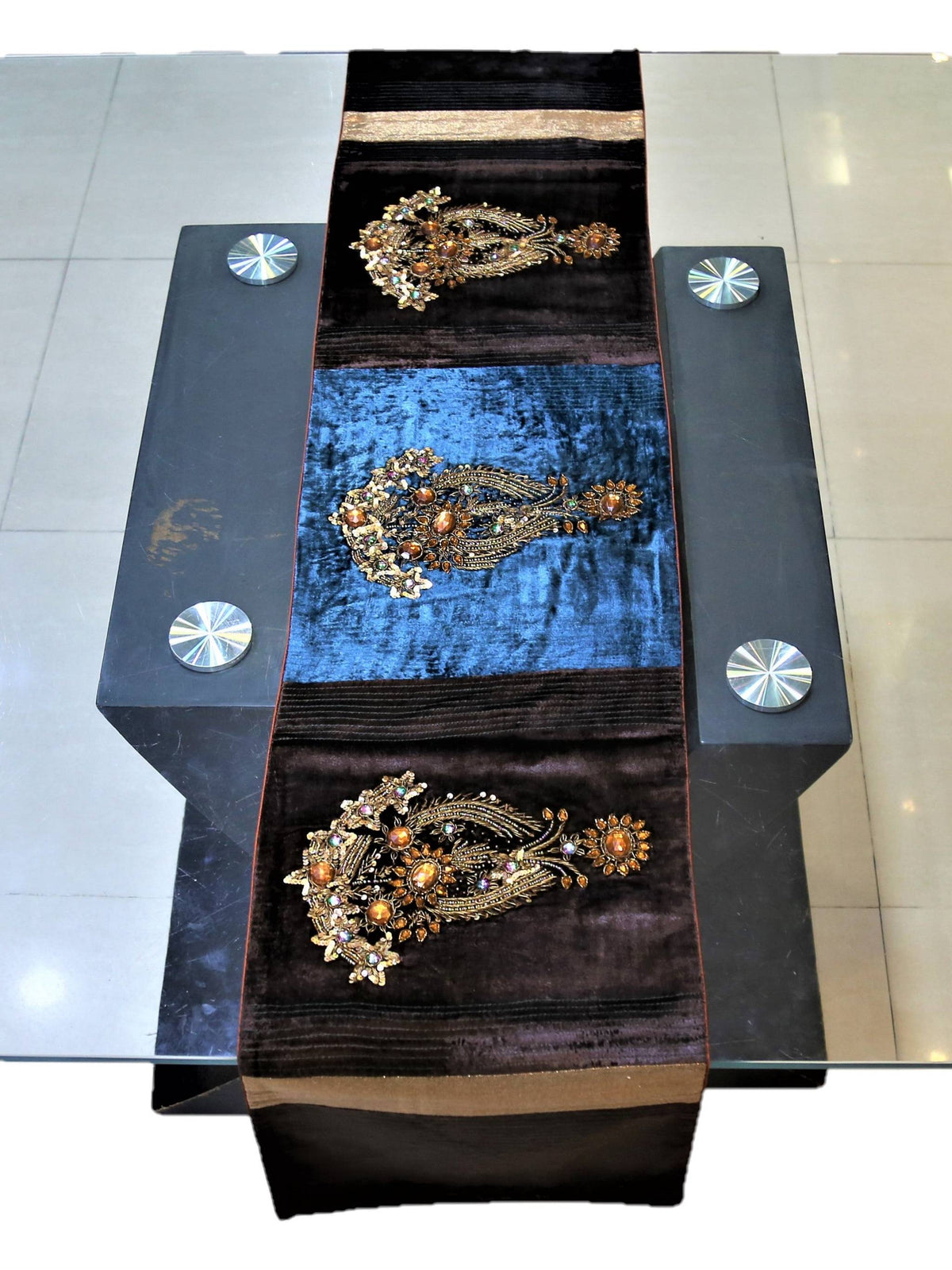 Brown Sequin Work Chenille Table Runner 13 X 60 inch front view