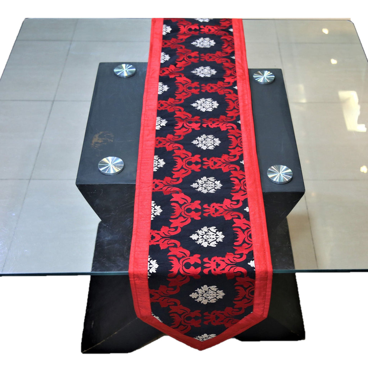 Black Embroidered Dupion Silk Table Runner 13 X 72 inch front view