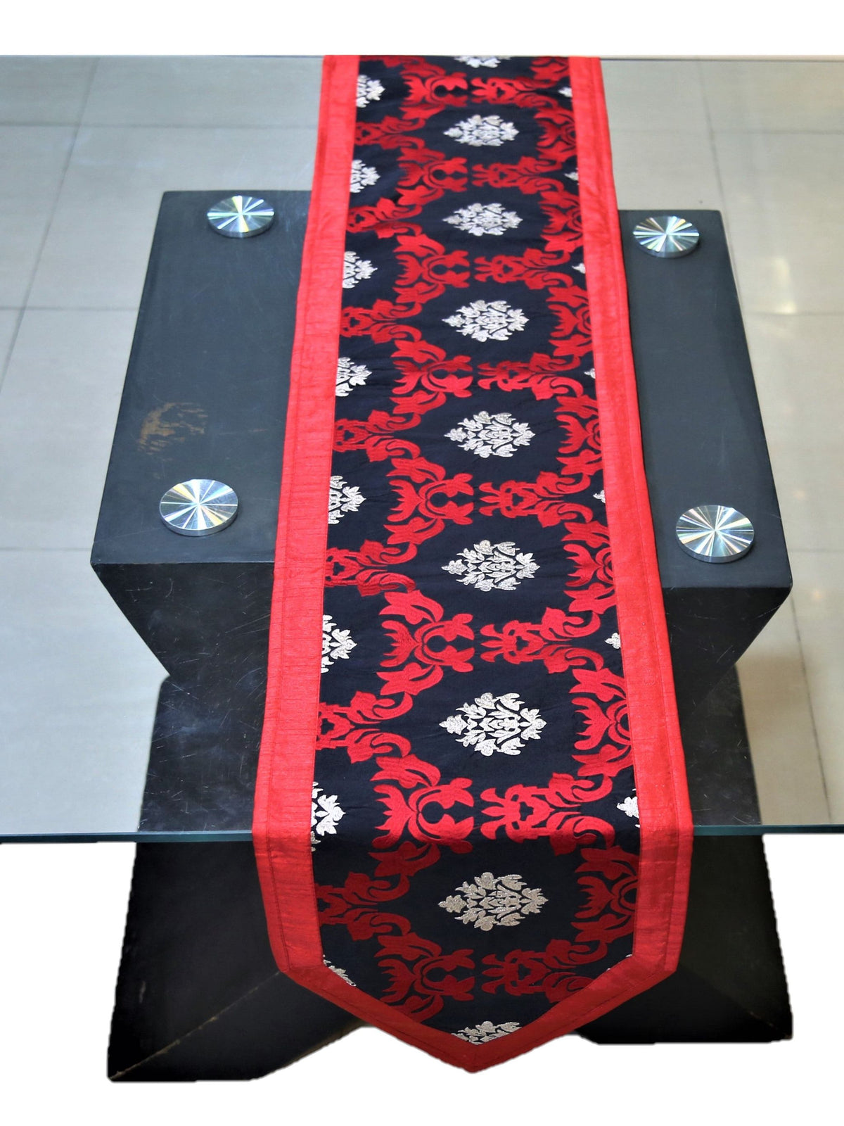 Black Embroidered Dupion Silk Table Runner 13 X 72 inch front view