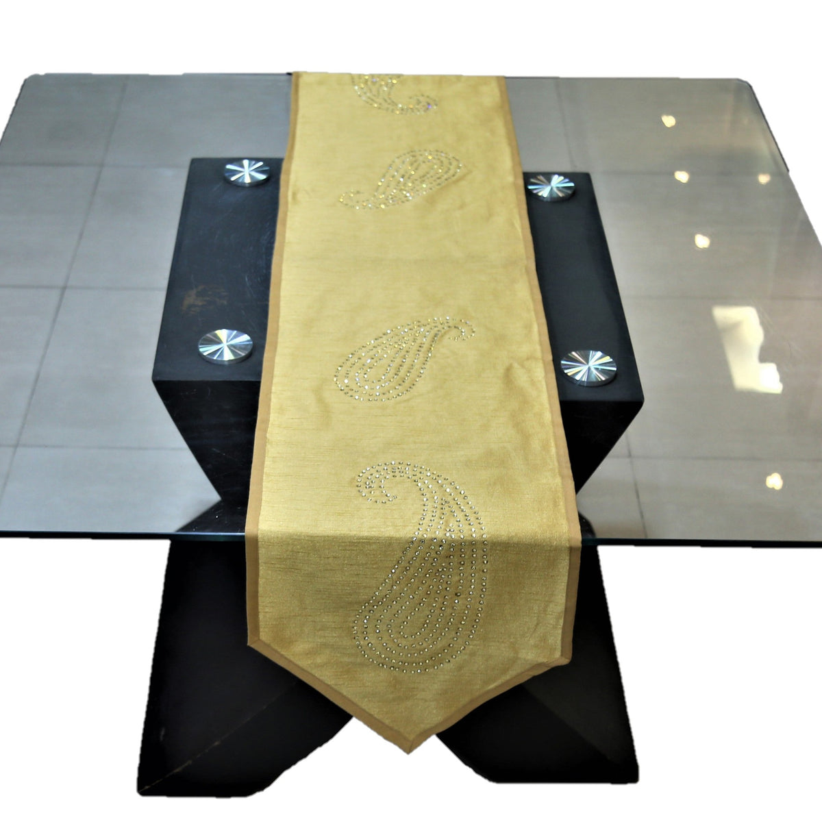Gold Sequin Work Dupion Silk Table Runner 14 X 72 inch front view