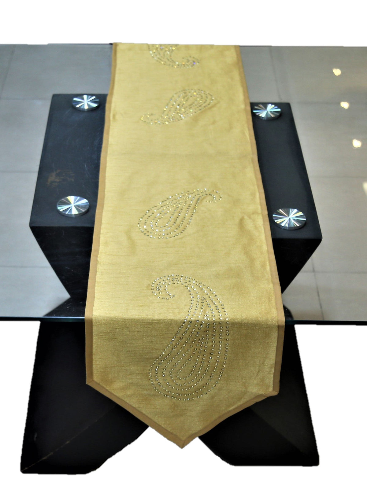 Gold Sequin Work Dupion Silk Table Runner 14 X 72 inch front view