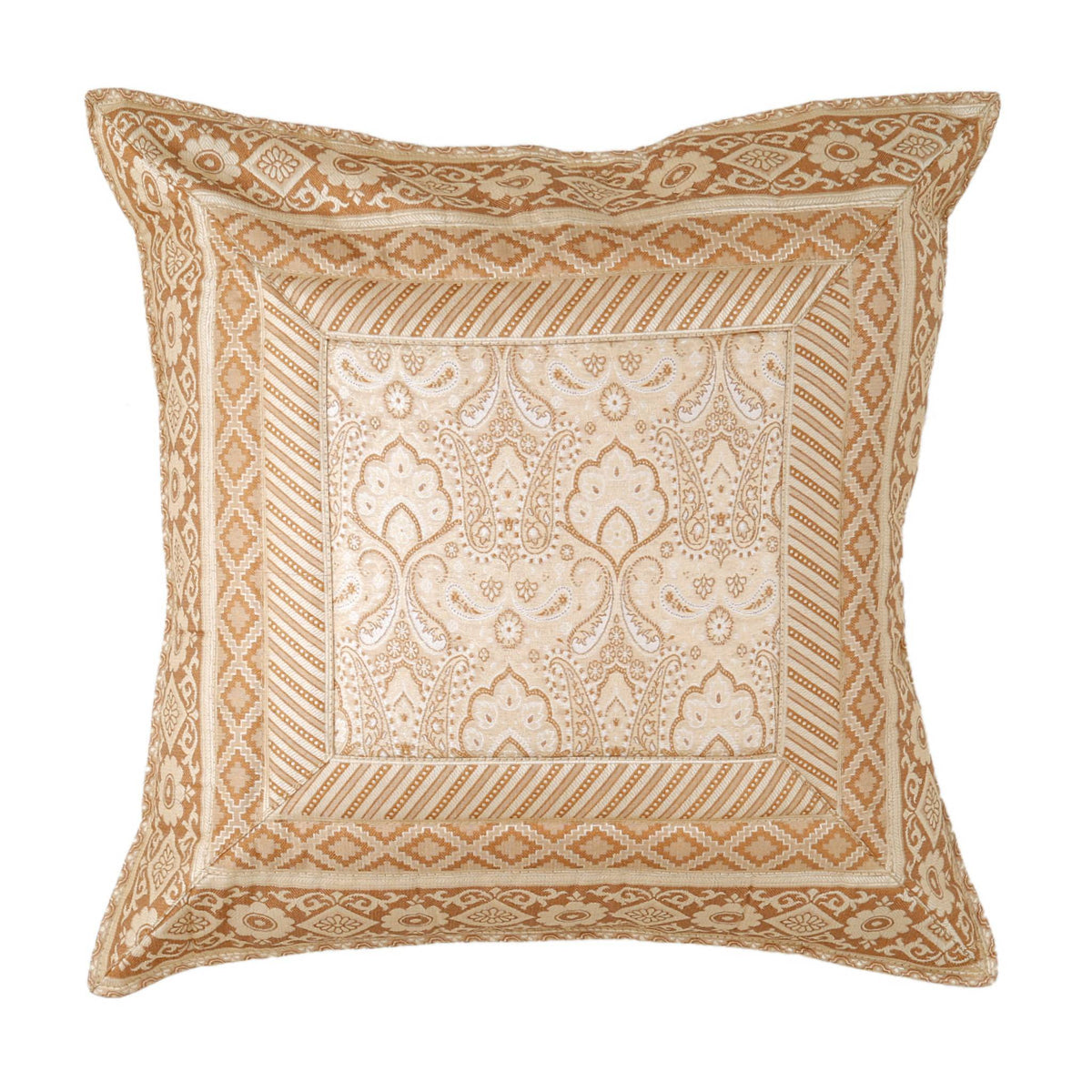 Cream and gold brocade polysilk cushion cover with a woven paisley panel and wide border