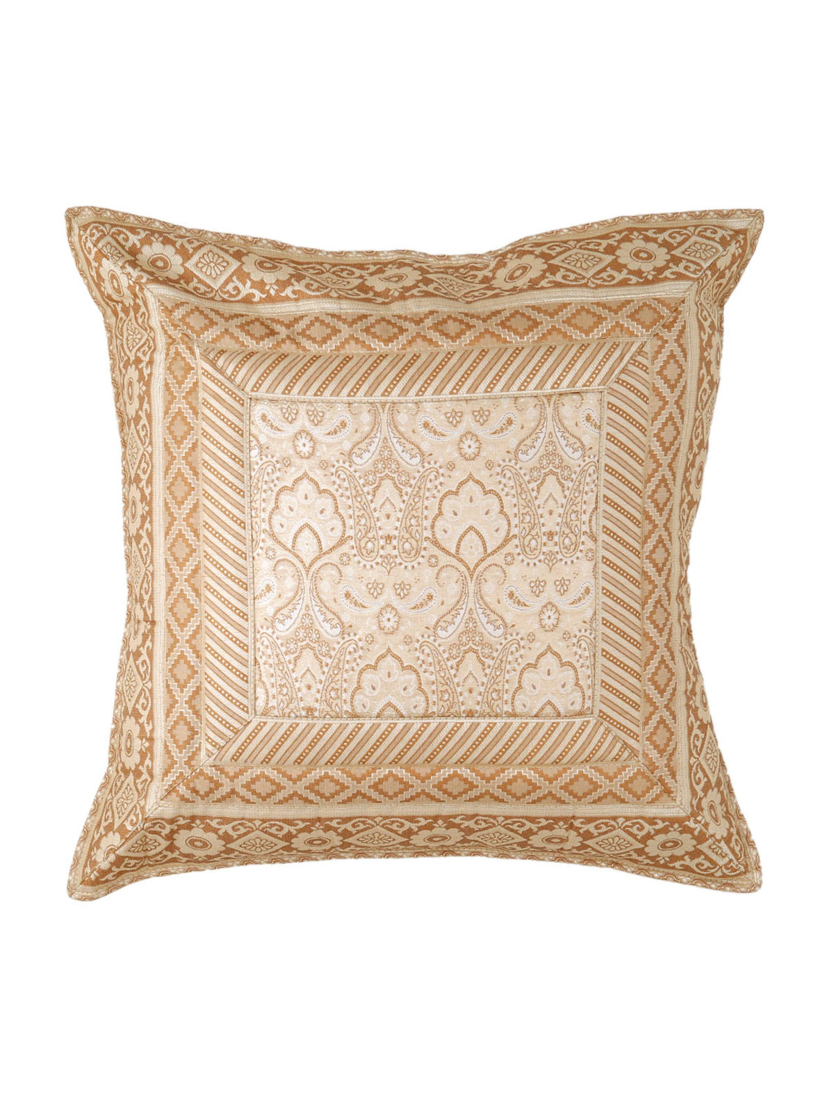 Cream and gold brocade silk cushion cover with a woven paisley panel and wide border