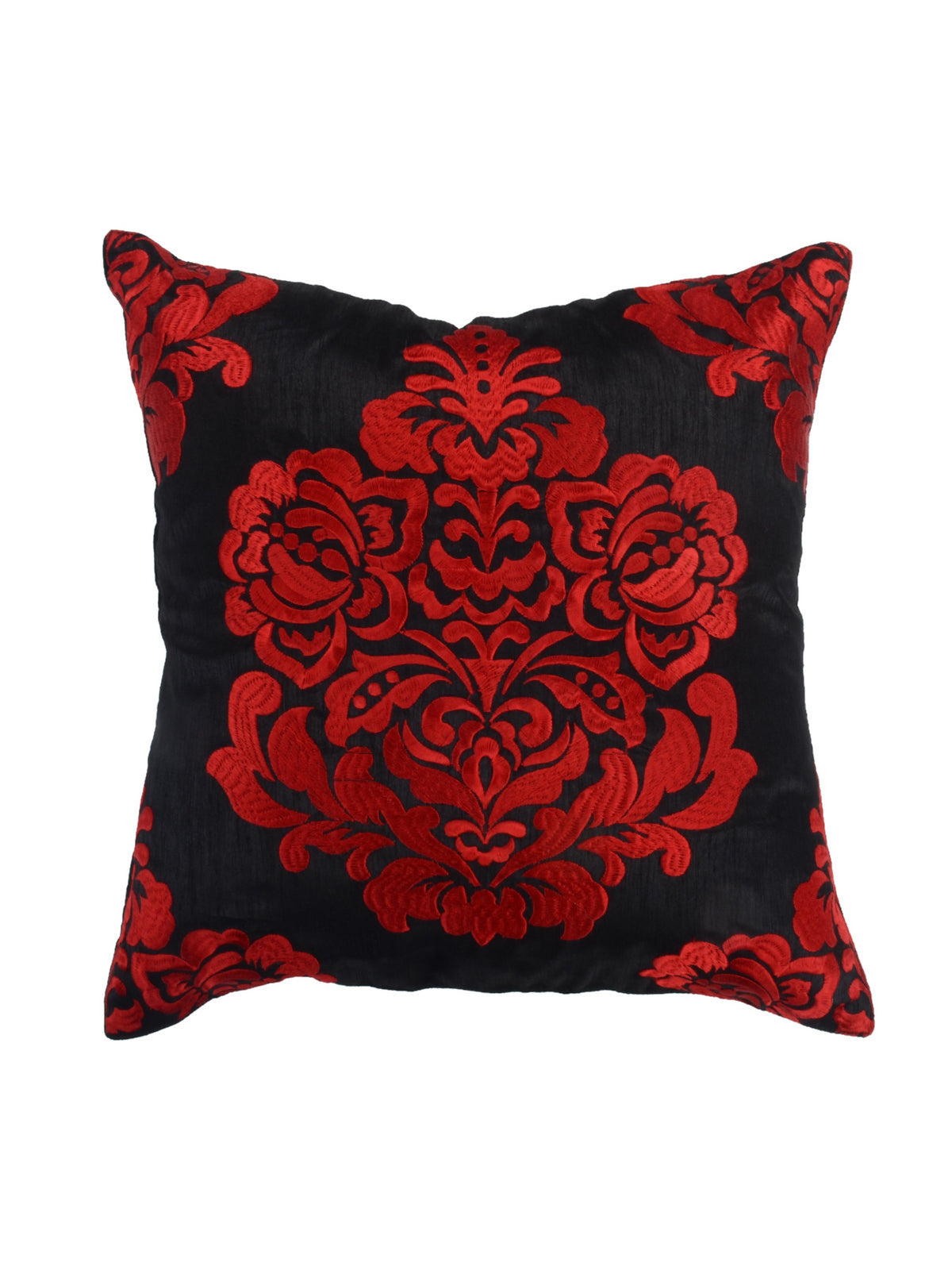 Black cushion cover with a large red flocked damask motif at the centre