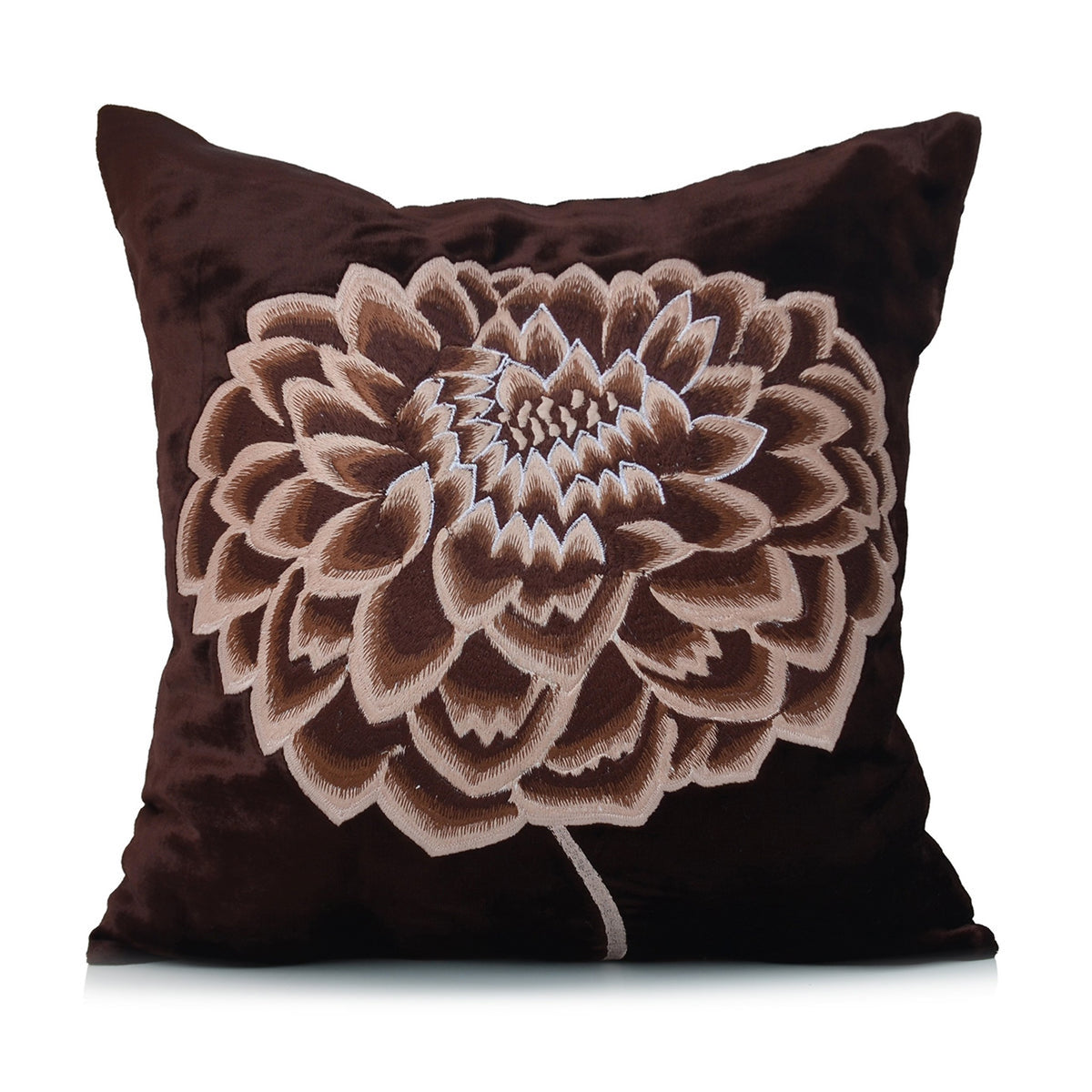 Dark brown velvet cushion cover with a large taupe three dimensional dahlia flower