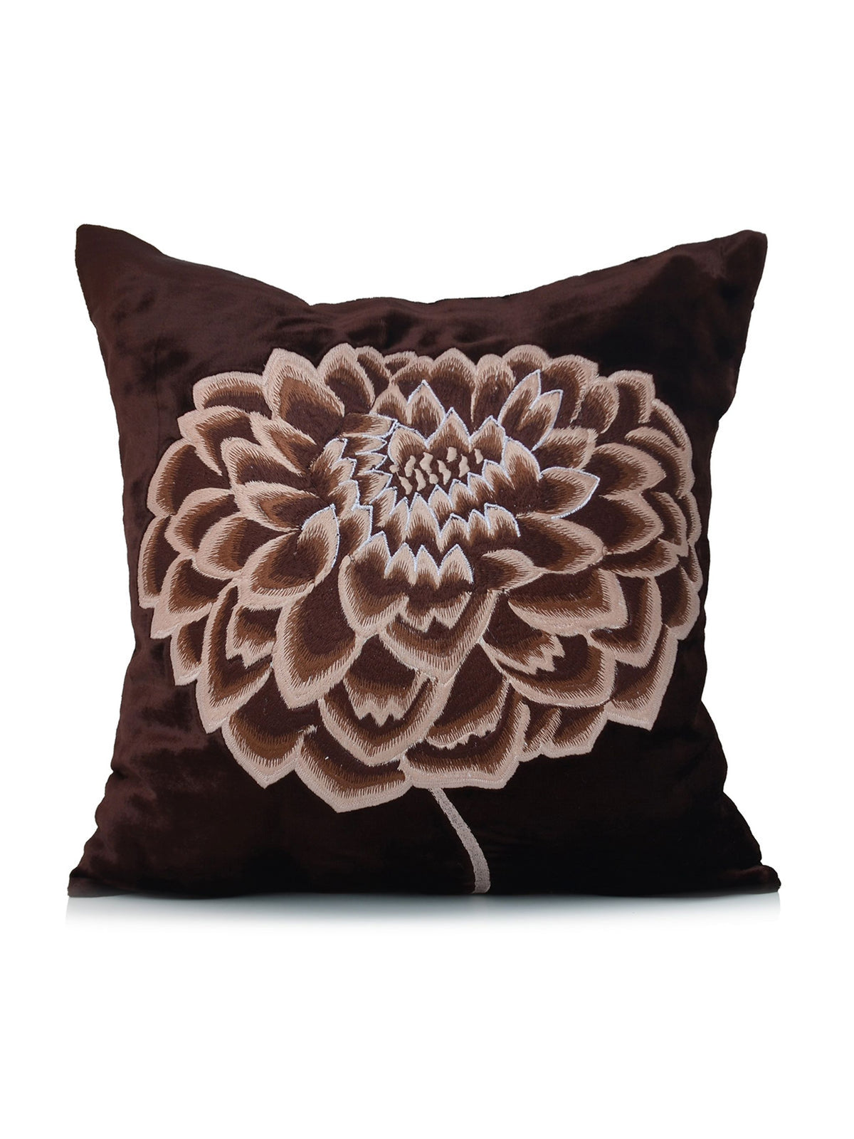 Dark brown velvet cushion cover with a large taupe three dimensional dahlia flower