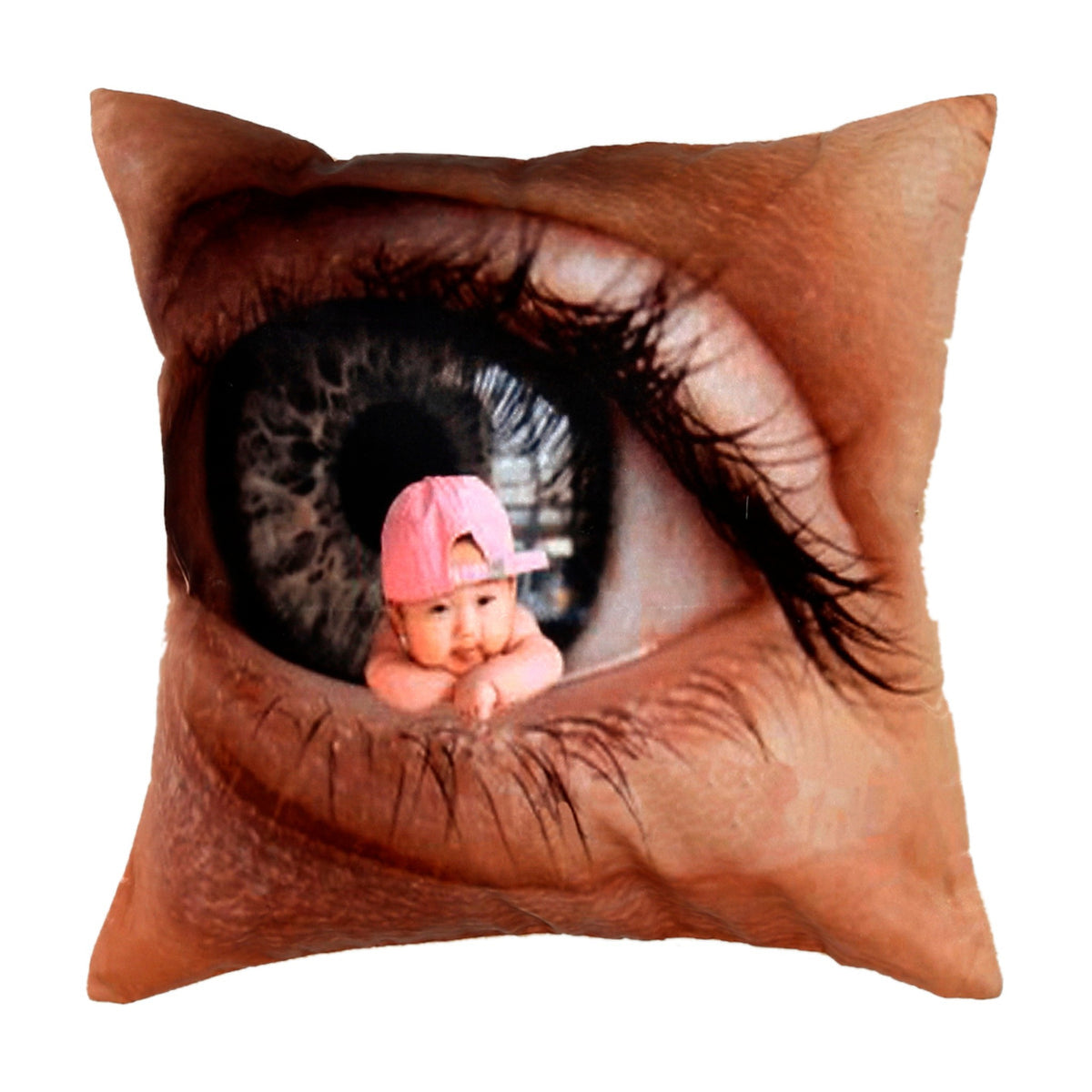 Satin cushion cover printed with a photographic close up of an eye with a baby reflected