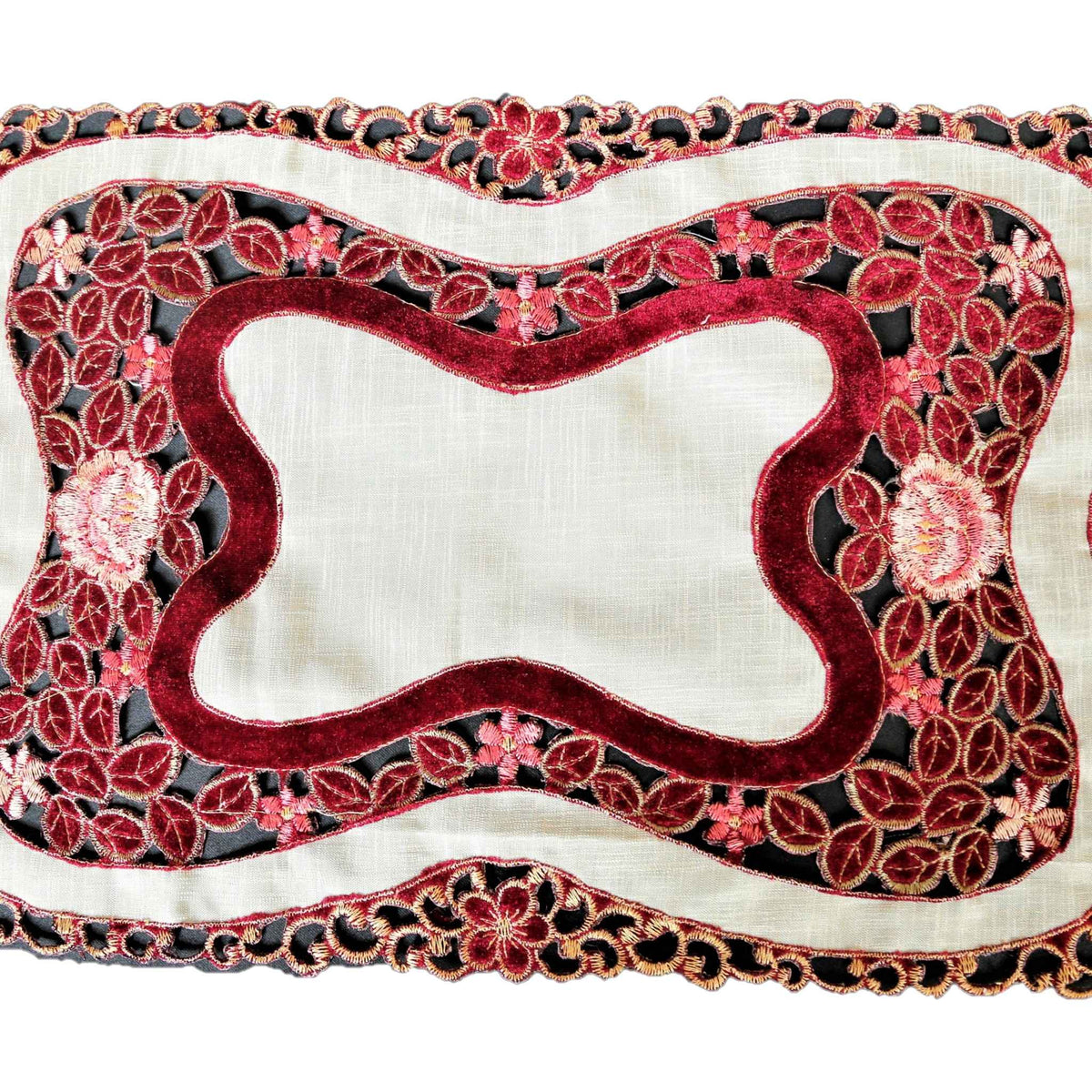 Maroon cream cutwork tissue table mat set of 9 with runner 12x18 inch