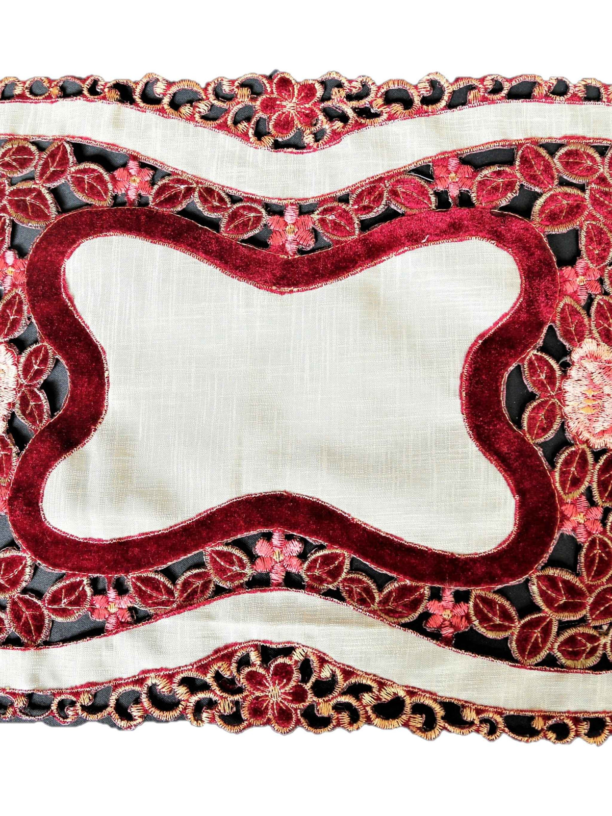 Maroon cream cutwork tissue table mat set of 9 with runner 12x18 inch